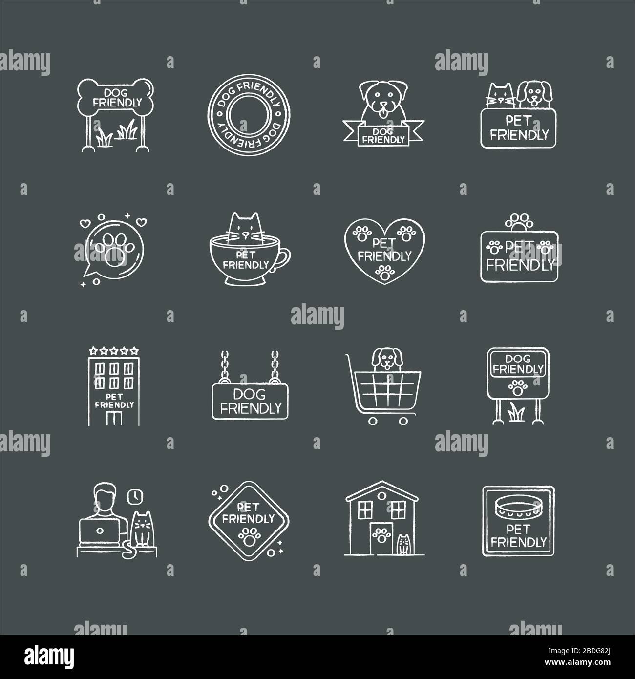 Haustierfreundliche Schilder kreideweiße Symbole auf schwarzem Hintergrund. Katzen und Hunde erlaubten Gebiete und Einrichtungen. Haustiere sind willkommen Stock Vektor