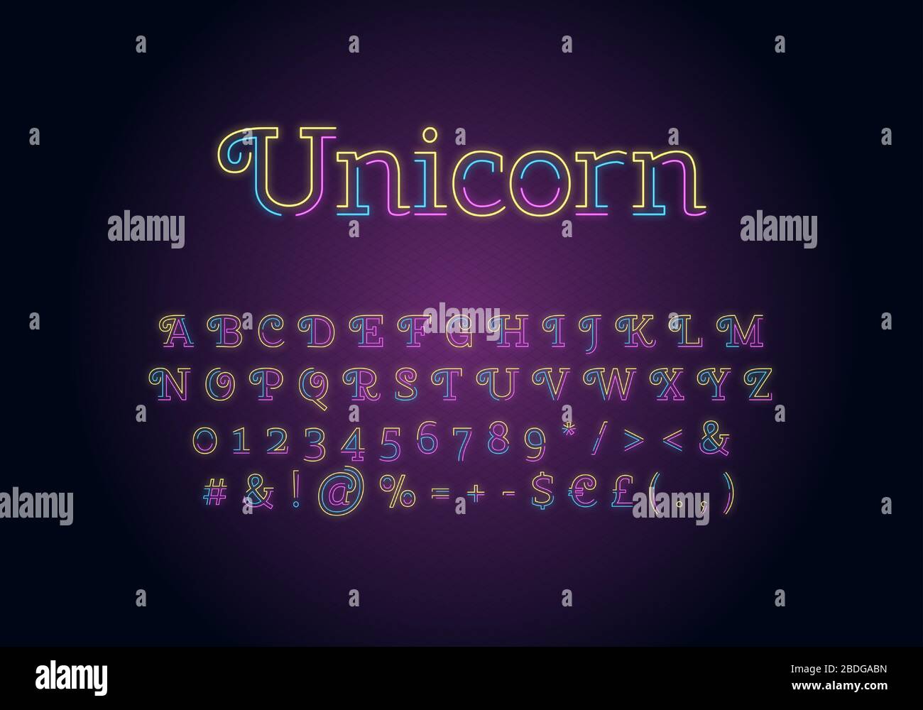 Unicorn Neon Light Schriftartvorlage. Mehrfarbiges beleuchtetes Vektoralphabet festgelegt. Helle Großbuchstaben, Zahlen und Symbole mit strahlendem äußeren Effekt Stock Vektor