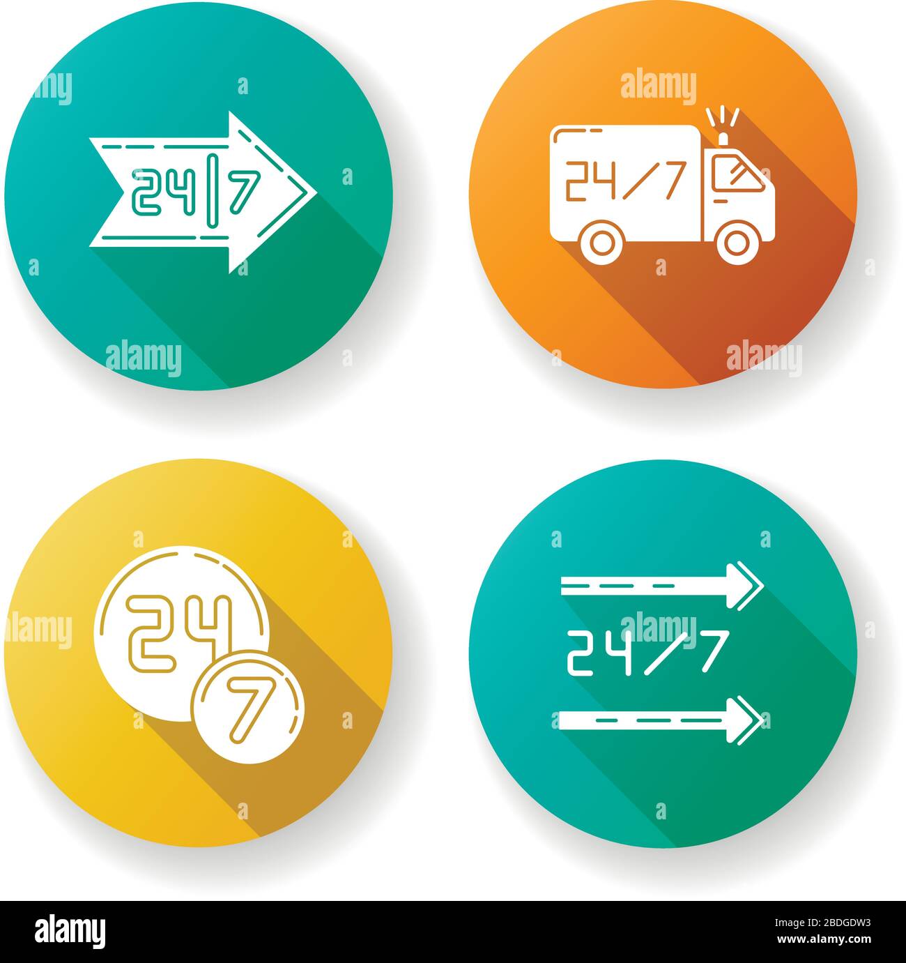 24 Stunden Service Flat-Design Long Shadow Glyph Icons Set. Lieferwagen. Rund um die Uhr geöffneter 24-Stunden-Laden. Richtung des Pfeilzeichens. 24 Stunden Stock Vektor