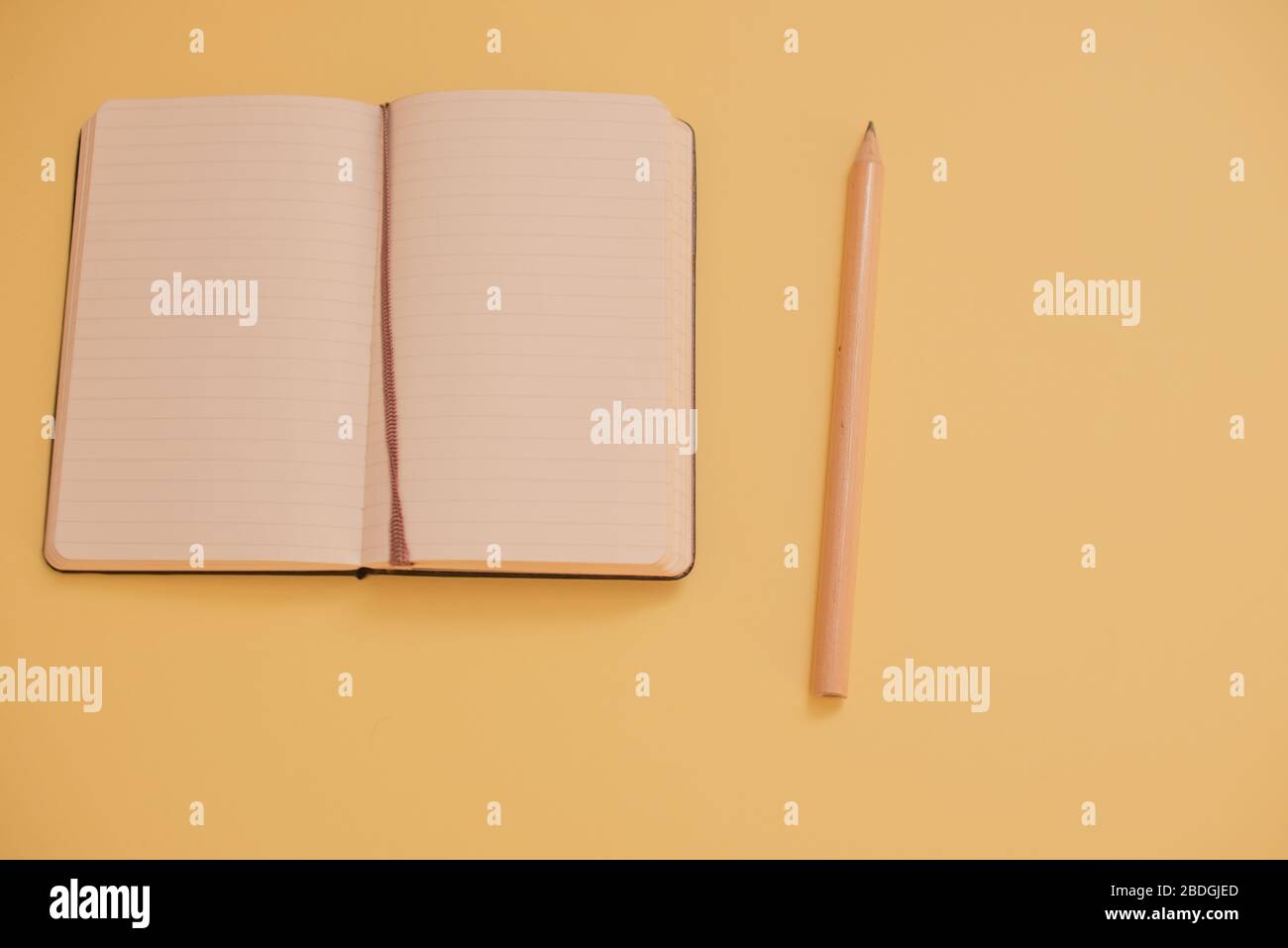 Leere Seite im Notizbuch mit Bleistift Stockfoto