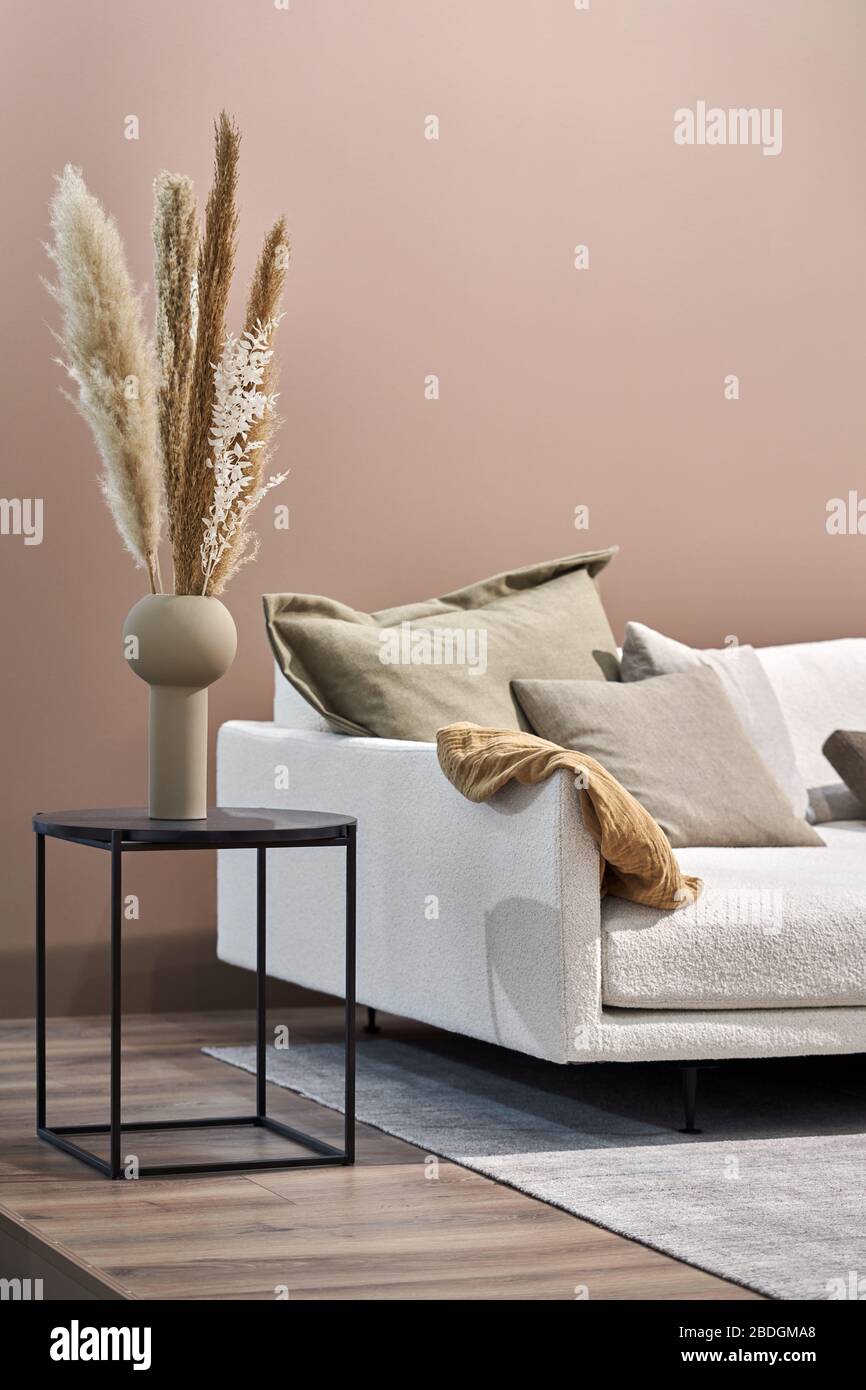 Leuchtendes Zimmer mit Möbeln und großen getrockneten Pflanzen Stockfoto