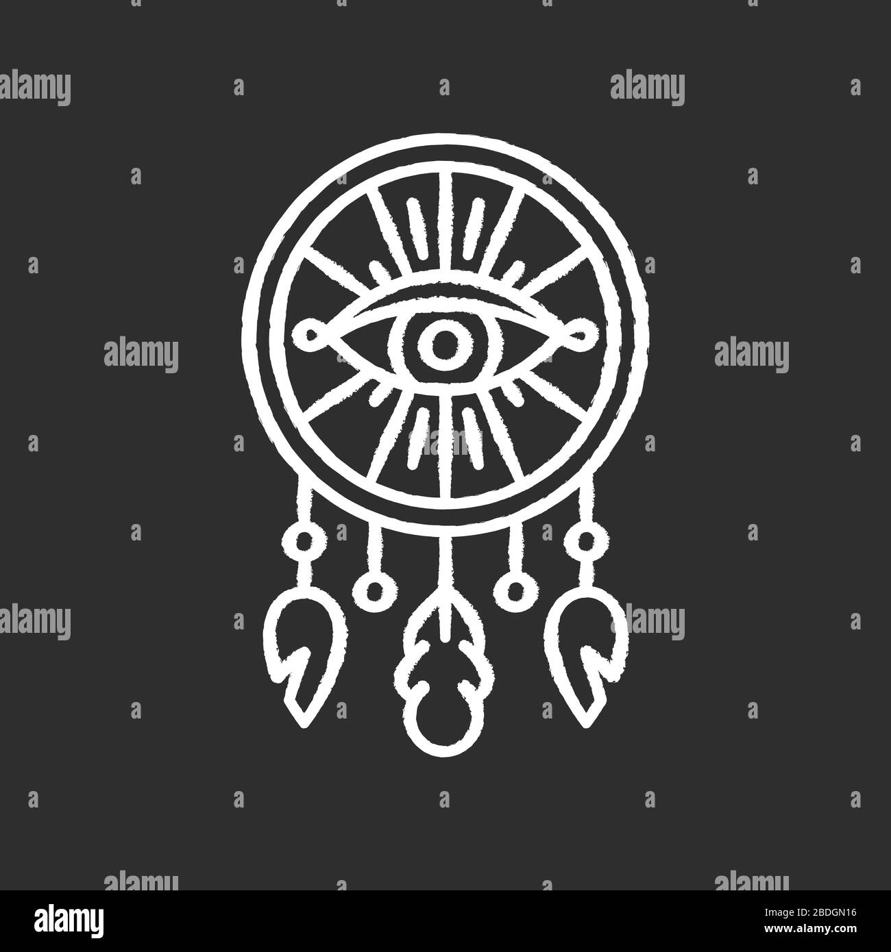 Traumfänger im Boho-Stil mit aufsehendem Kreideweiß-Symbol auf schwarzem Hintergrund. Natives amerikanisches mystisches Symbol. Traumfängercharme. Ethnische Handarbeit Stock Vektor