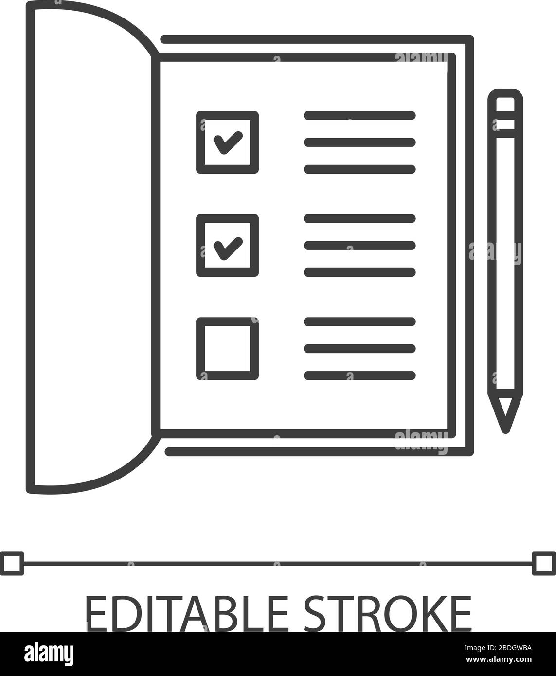 Symbol für perfekte lineare Auflösung des Notebooks öffnen. Liste mit aktivierten Kontrollkästchen. Markieren Sie die Felder für die Abfrage. Anpassbare Abbildung mit dünner Linie. Kontursymbol. Vektor Stock Vektor
