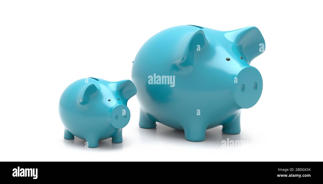 Sparkonzept für Kinder, Eltern und Kinder. Piggy Bank kleine und große, blaue Farbe isoliert vor weißem Hintergrund. 3d illustrr Stockfoto