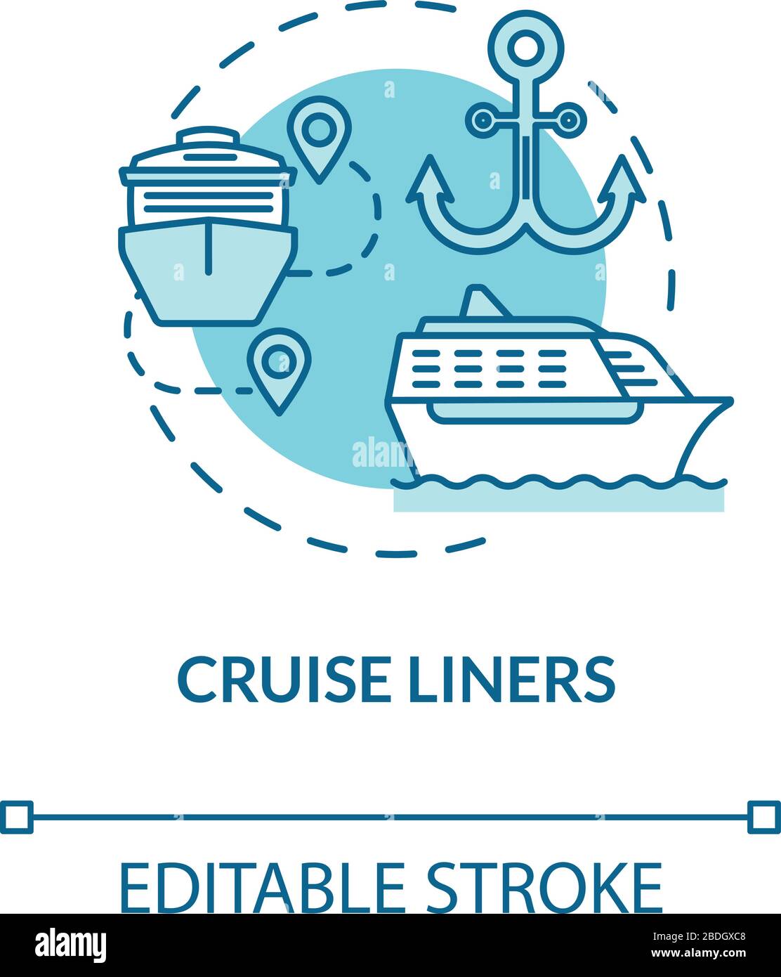 Cruise Liners - türkis-Konzeptsymbol. Schiffstourismus mit Passagierschiff. Fahrt mit Wasserbehälter. Boat voyage Idea Thin Line Illustration. Vektor Stock Vektor