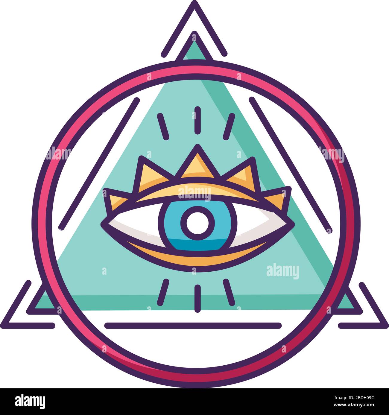 RGB-Farbsymbol "Eye of Providence". Okkultes Symbol. Alle sehenden Augen mit Kreis und Dreieck, geheimnisvoller Talisman. Religiöse, magische und esoterische Zeichen Stock Vektor