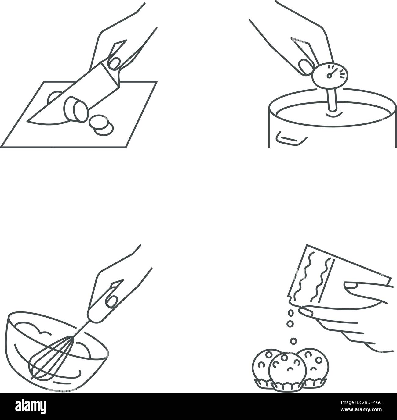 Kulinarische Methoden Pixel perfekte lineare Symbole gesetzt. Schneiden, Cheesemaking, Schlagsahne und Süßigkeiten machen anpassbare dünne Linienkontursymbole Stock Vektor