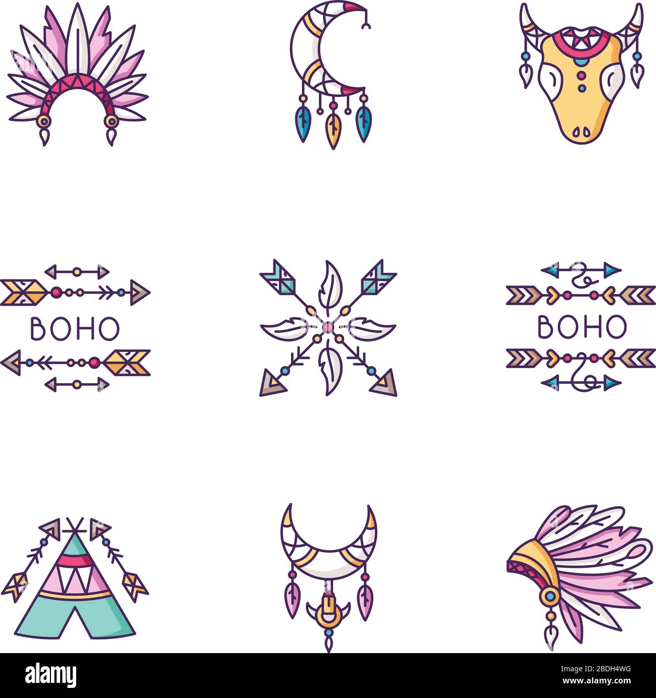 Natives amerikanisches Zubehör RGB-Farbsymbole festgelegt. Stamm-Hut und Teepee. Boho-style-Traumkather-Amulette. Halbmond, Pfeile und Federn bezaubern Stock Vektor