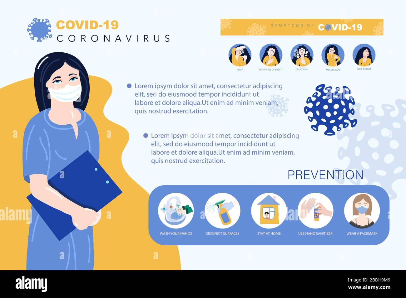 Coronavirus Kovid-19-Präventionsplakat, gefährliches Virus-Quarantänekonzept stoppen Stock Vektor