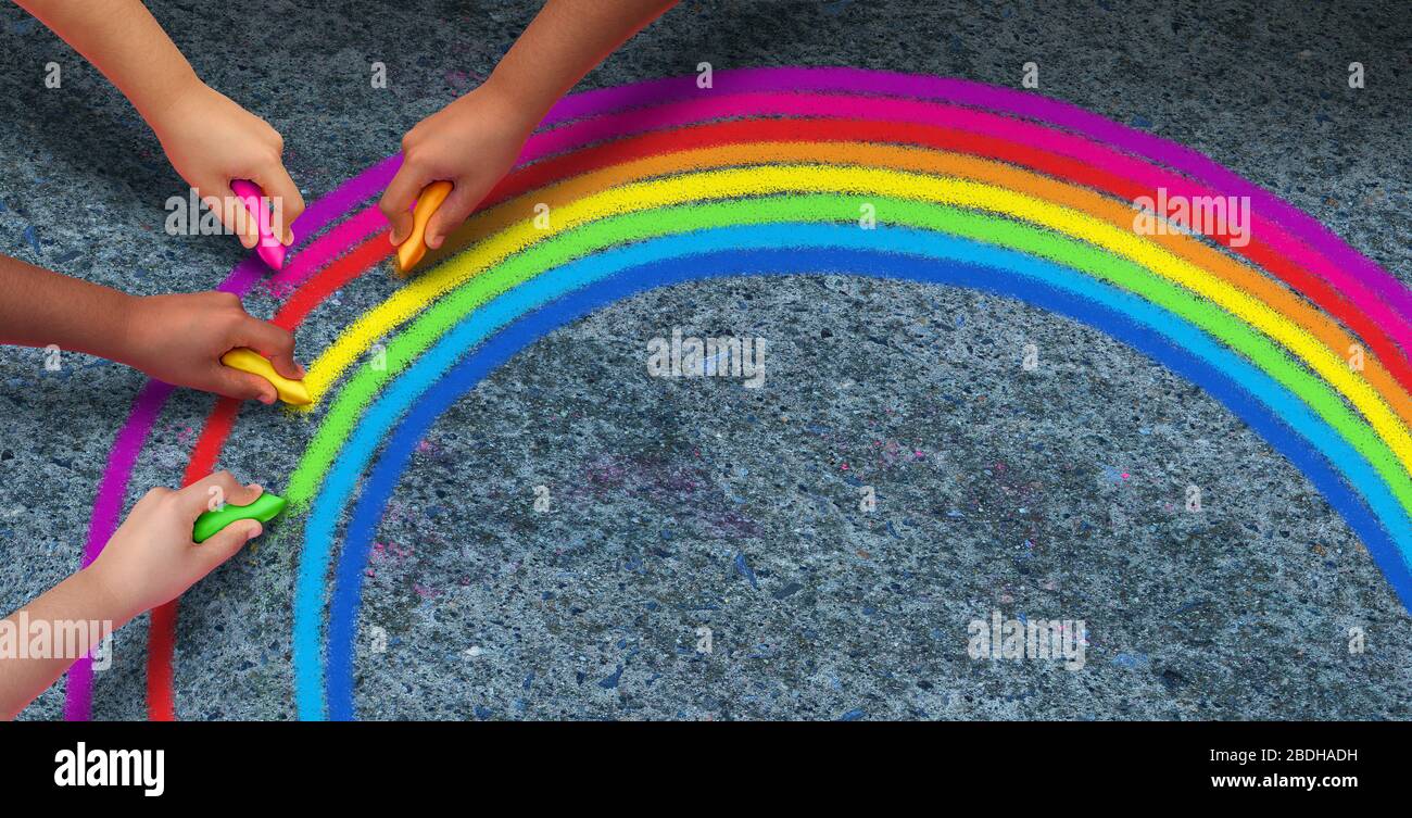 Hope Rainbow Konzepthintergrund als Erholung von Herausforderungen als positives Psychologiesymbol für die Zukunft und glückliche Kindheit. Stockfoto