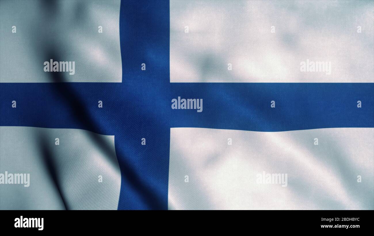 Die Flagge Finnlands winkt im Wind. Nationalflaggen Finnlands. Zeichen Finnlands. 3D-Rendering. Stockfoto
