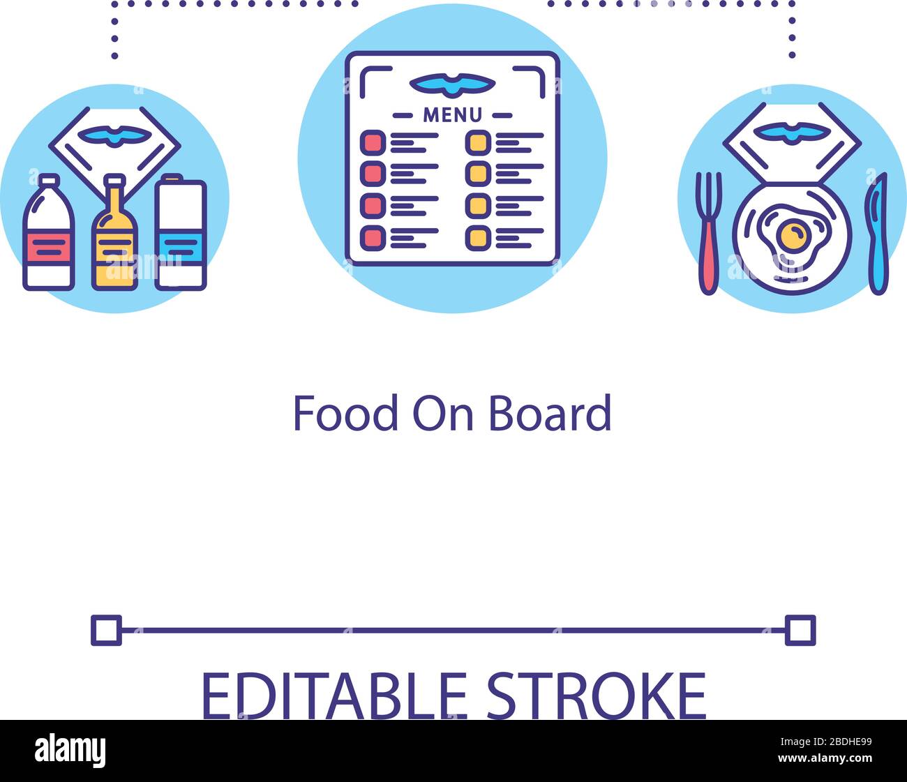Symbol für das Konzept "Essen an Bord". Flugzeugernährung, Airline-Service-Idee Thin Line Illustration. Menü für Mahlzeiten und Getränke für Passagiere. Vektor Stock Vektor