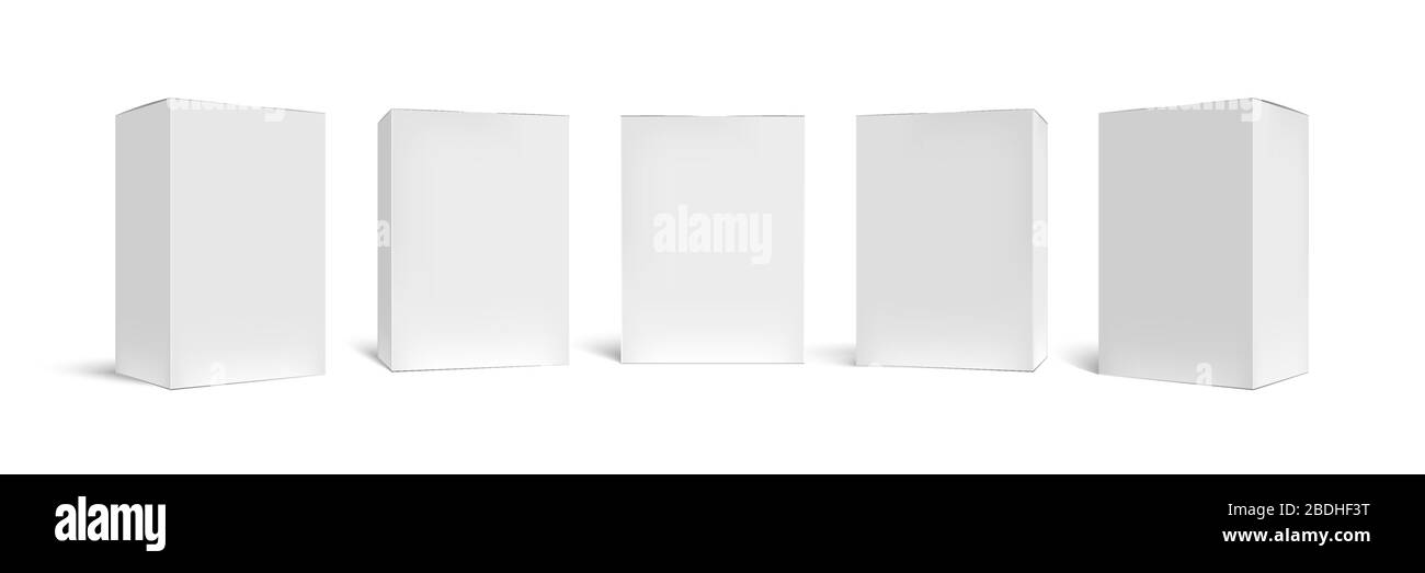 Realistische Box-Modell. Rechteckige Verpackungskartons, weißer Karton und leere vertikale Packung 3D Vektor-Schablone Set. Geschlossene quadratische Verpackung, Karton Stock Vektor
