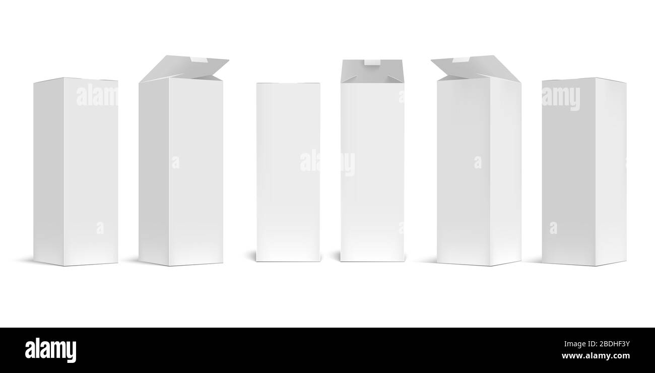 High-Box-Modell. Weiße offene Kartonverpackung lange Boxen, rechteckige Packung mit realistischen Schattenvektor-Set. Leerer Kartonbehälter, Verpackung für Stock Vektor