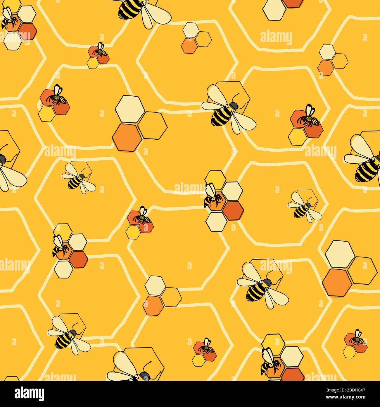 Bienen und Waben nahtloses Vektormuster auf gelblichem Wabenhintergrund Stock Vektor