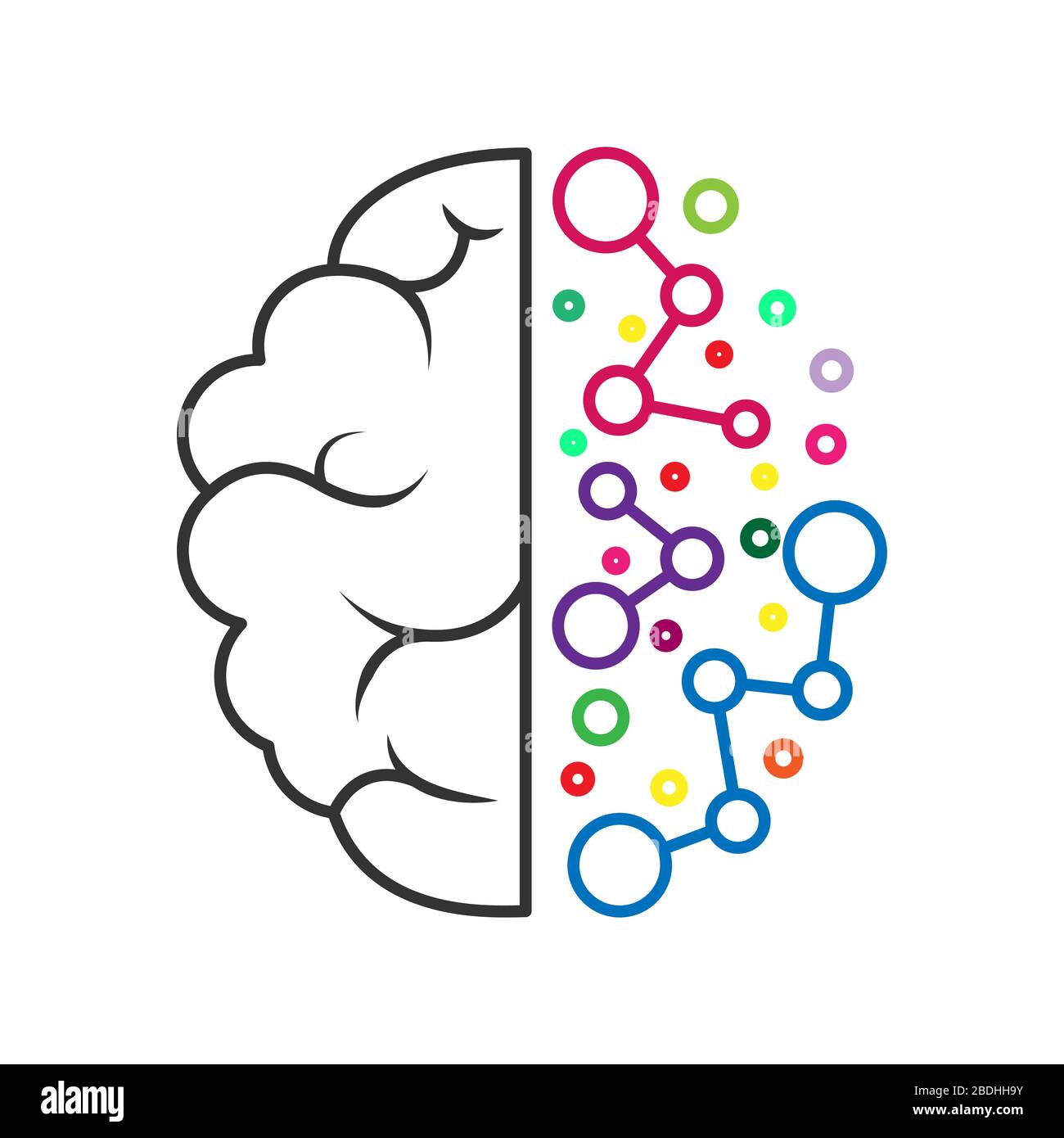Linke und rechte Hemisphäre des Gehirns. Geometrische Konstruktion künstlicher Intelligenz. Vektor-Darstellung auf weißem Hintergrund isoliert. Fla Stock Vektor