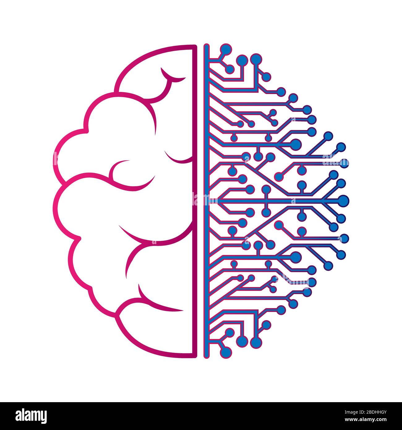Linke und rechte Hemisphäre des Gehirns. Künstliche Intelligenz. Dünne Linien isoliert auf weißem Hintergrund, leere Kontur. Flaches Design. Stock Vektor