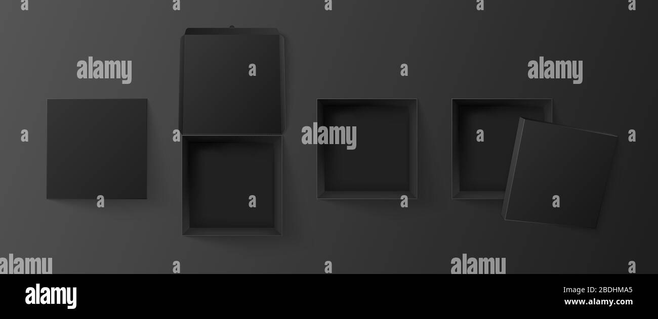 Schwarze Rechteckbox, Draufsicht. Leeres Cube Paket, Pizza Verpackung Mockup und dunkle Papier Geschenkboxen realistische 3D Vector Illustration Set. Offen und geschlossen Stock Vektor