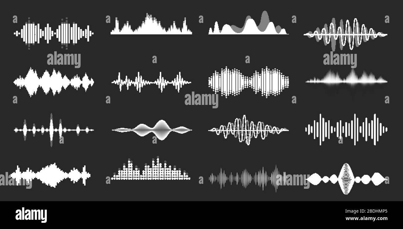 Schallwellen. Wiedergabe von Song Visualisierung, Radiofrequenz-Linien und Sounds Amplituden. Abstrakte Musik Welle, Stereo-Equalizer und Lautstärke Vektor Stock Vektor