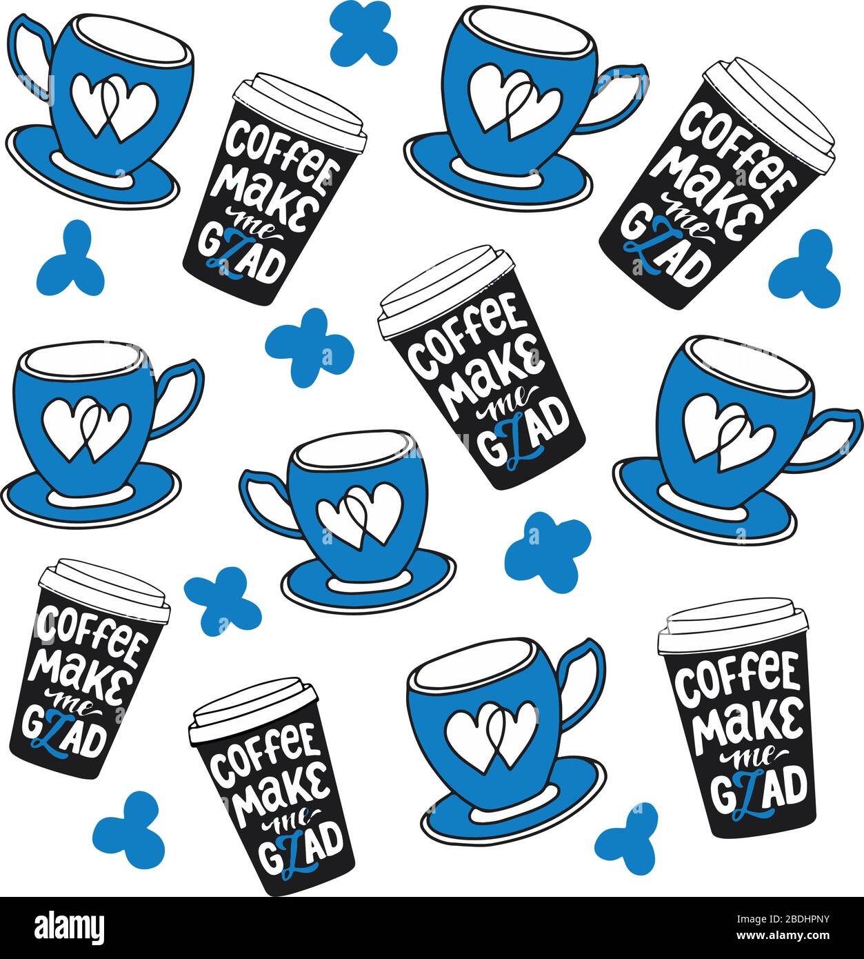 Satz Kaffeetassen mit der Aufschrift - Kaffee macht mich froh - und blaue Tassen auf weißem Hintergrund in Vektorgrafiken. Zum Verzieren von Küchenhandtüchern Stock Vektor