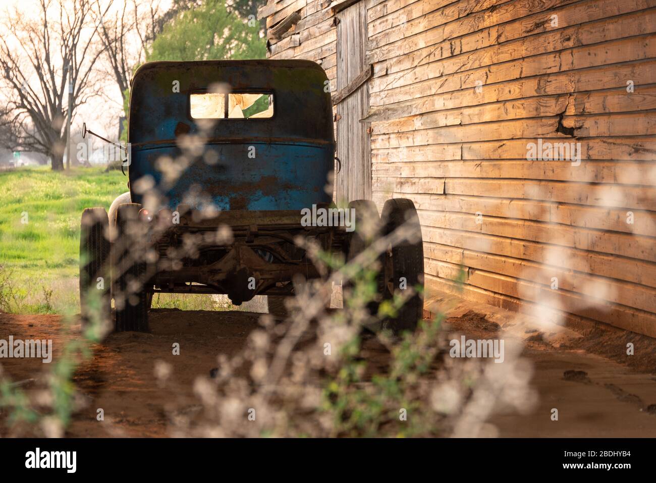 Ford Truck aus dem Jahr 1941 und verwitterte Scheune im Peach County, Georgia. (USA) Stockfoto