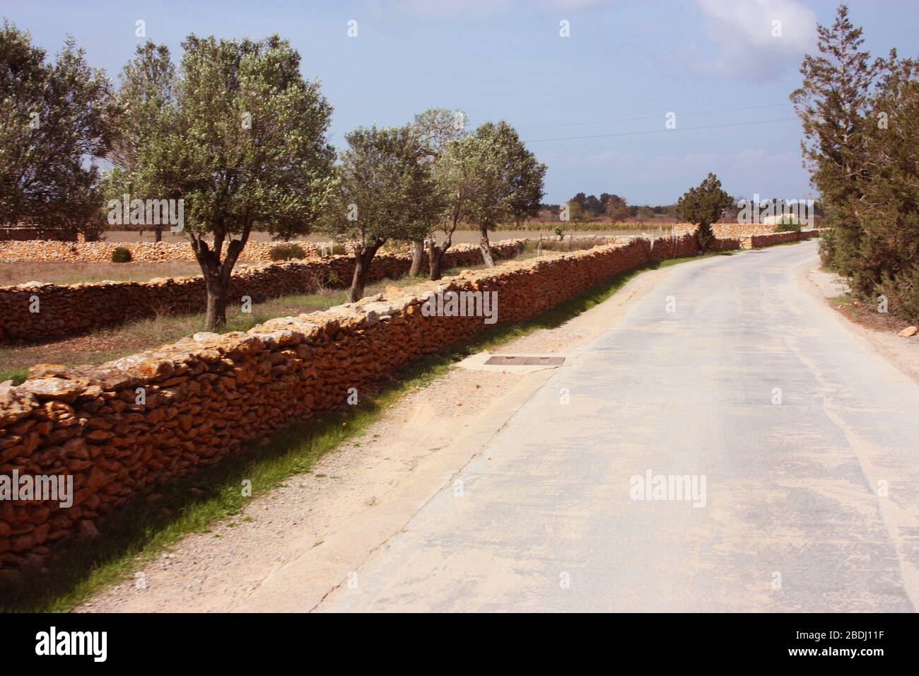 Leere und verlassene heiße Asphaltstraße auf ibiza inmitten der ariden Landschaft im Sommer balearen Inseln Stockfoto