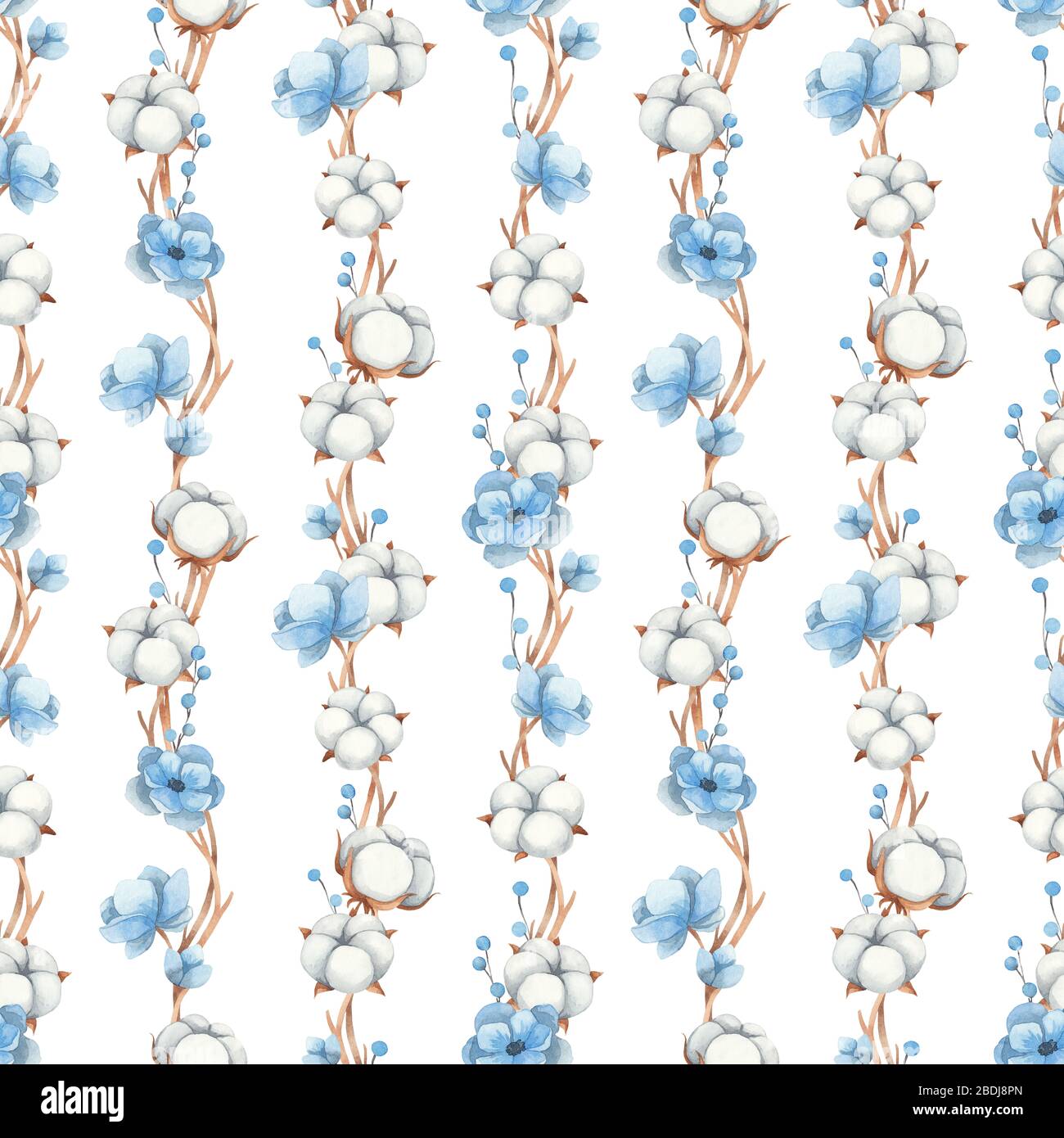 Aquarell nahtlose Muster aus Baumwollblumen, blaue Anemone Blumen und Zweige, isoliert auf einem weißen Hintergrund Stockfoto