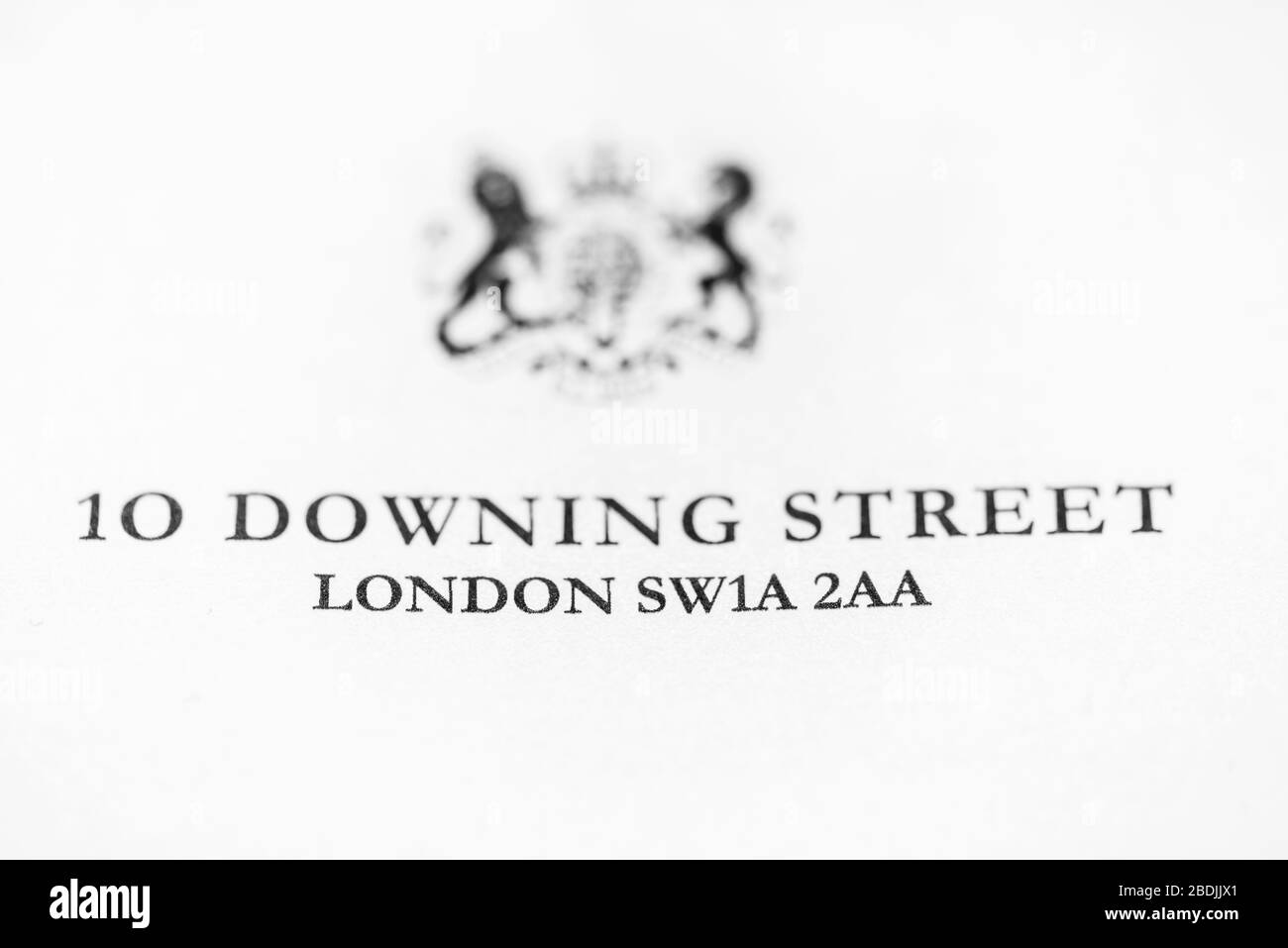 10 Downing Street Government Briefkopf mit schwarzer Tinte auf weißem Papier gedruckt Stockfoto