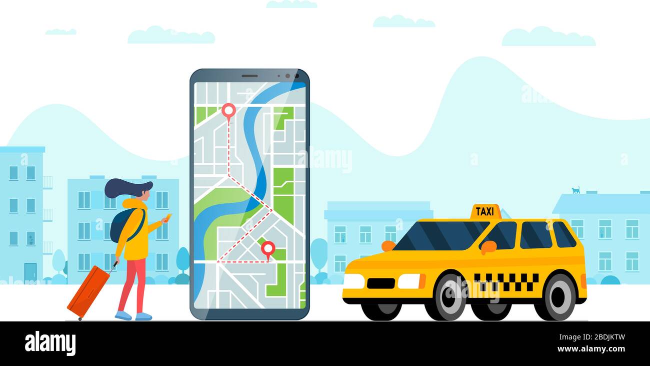 Taxi bestellen Service App Konzept. Weiblich halten Smartphone mit Route Geotag gps Position PIN Ankunft Adresse auf Stadtplan und gelb cab. Online holen taxicab Anwendung flache Vektor eps Illustration Stock Vektor