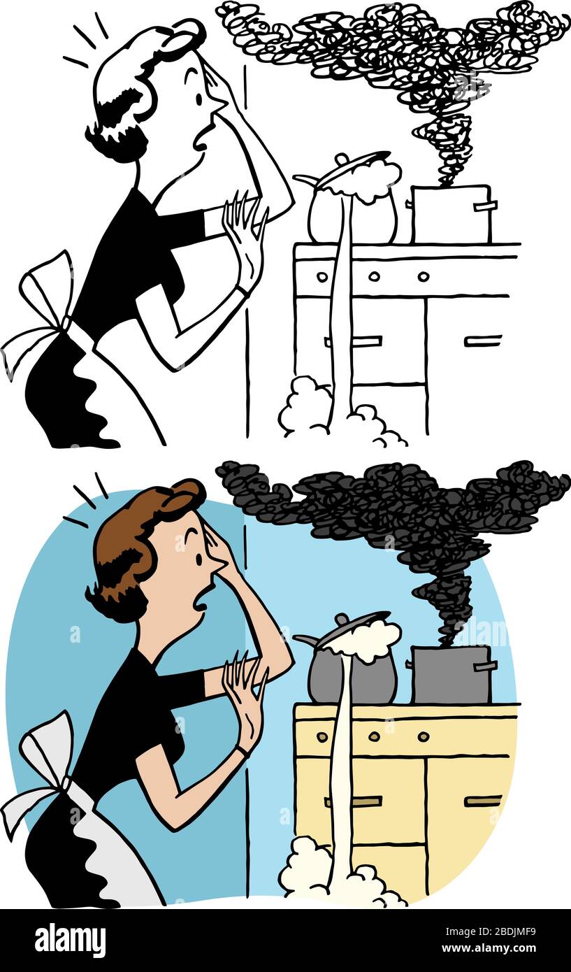 Ein Cartoon einer Frau, die versehentlich ihr Abendessen auf ihrem Herd verbrennen würde. Stock Vektor