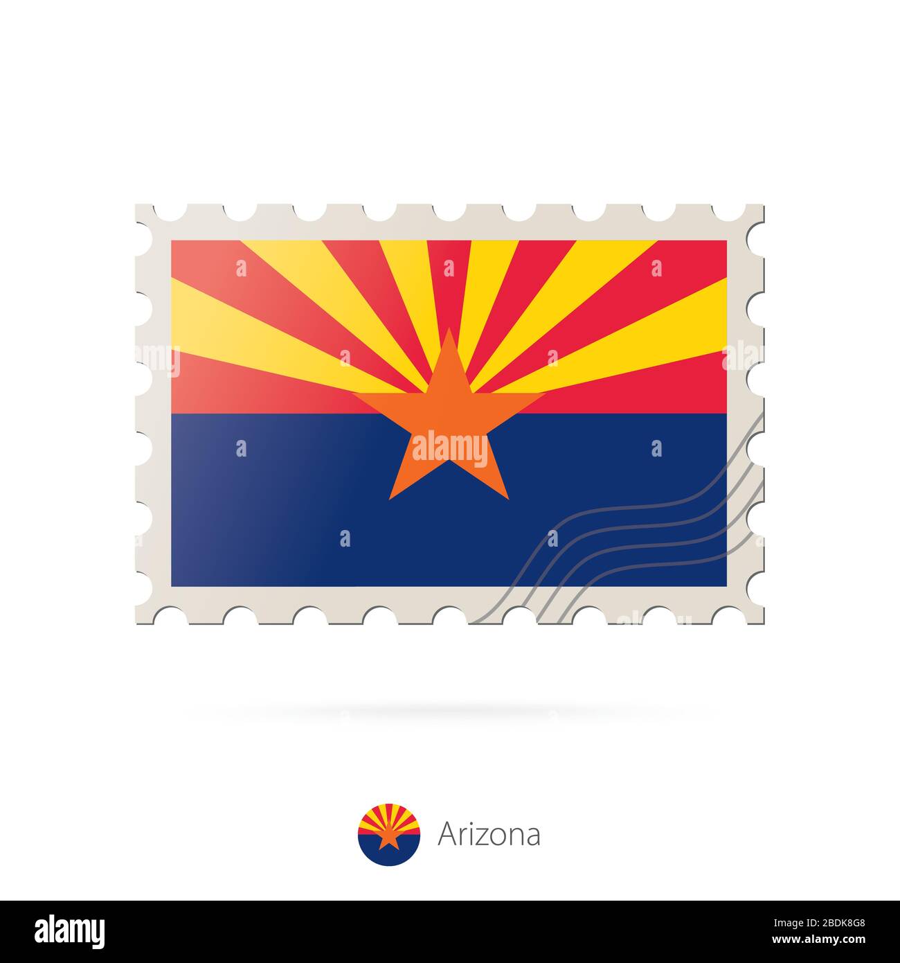 Briefmarke mit dem Bild der Staatsflaggen von Arizona. Arizona Flag Porto auf weißem Hintergrund mit Schatten. Vektorgrafiken. Stock Vektor