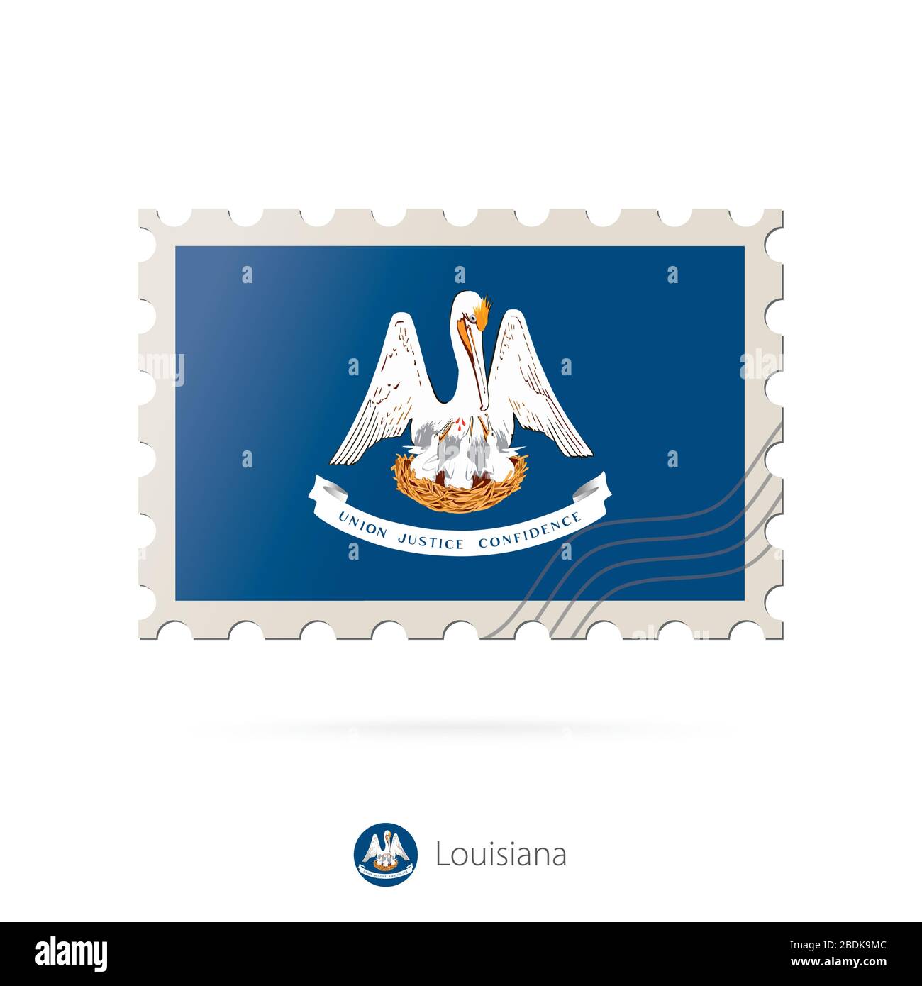 Briefmarke mit dem Bild der Staatsflaggen von Louisiana. Louisiana Flag Porto auf weißem Hintergrund mit Schatten. Vektorgrafiken. Stock Vektor