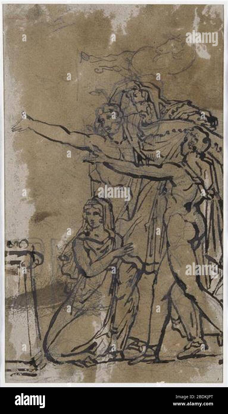 Géricault - UN vieeillard soutenu par deux jeunes gens et une jeune fille agenouillée devant un autel, NI714verso;AI2035verso. Stockfoto