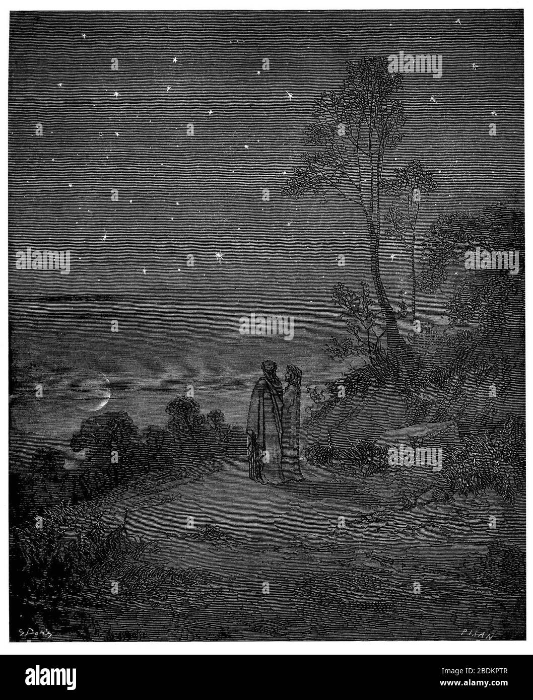 Gustave Doré - Dante Alighieri - Inferno - Platte 6 (Start von Canto II - Tag war Abfahrt). Stockfoto
