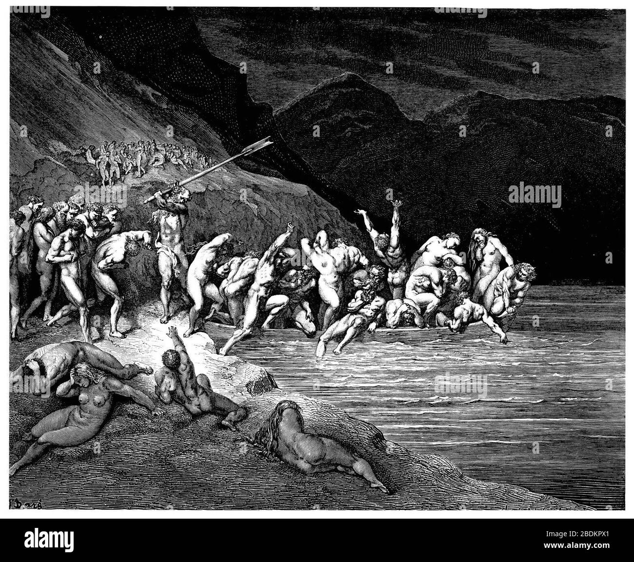 Gustave Doré - Dante Alighieri - Inferno - Platte 10 (Canto III - Charon stert die Sünder auf sein Boot). Stockfoto