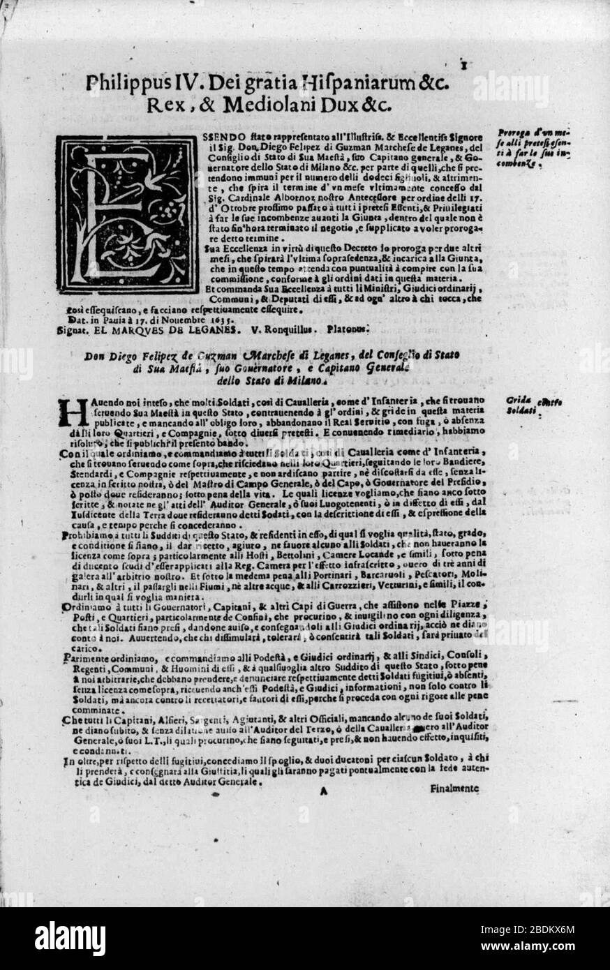 Guzmán de Leganés, Diego Felipe de - Libro delle gride, bandi, et ordini fatti, e publicati nella citta, e Stato di Milano, 1645 - BEIC 15108984. Stockfoto