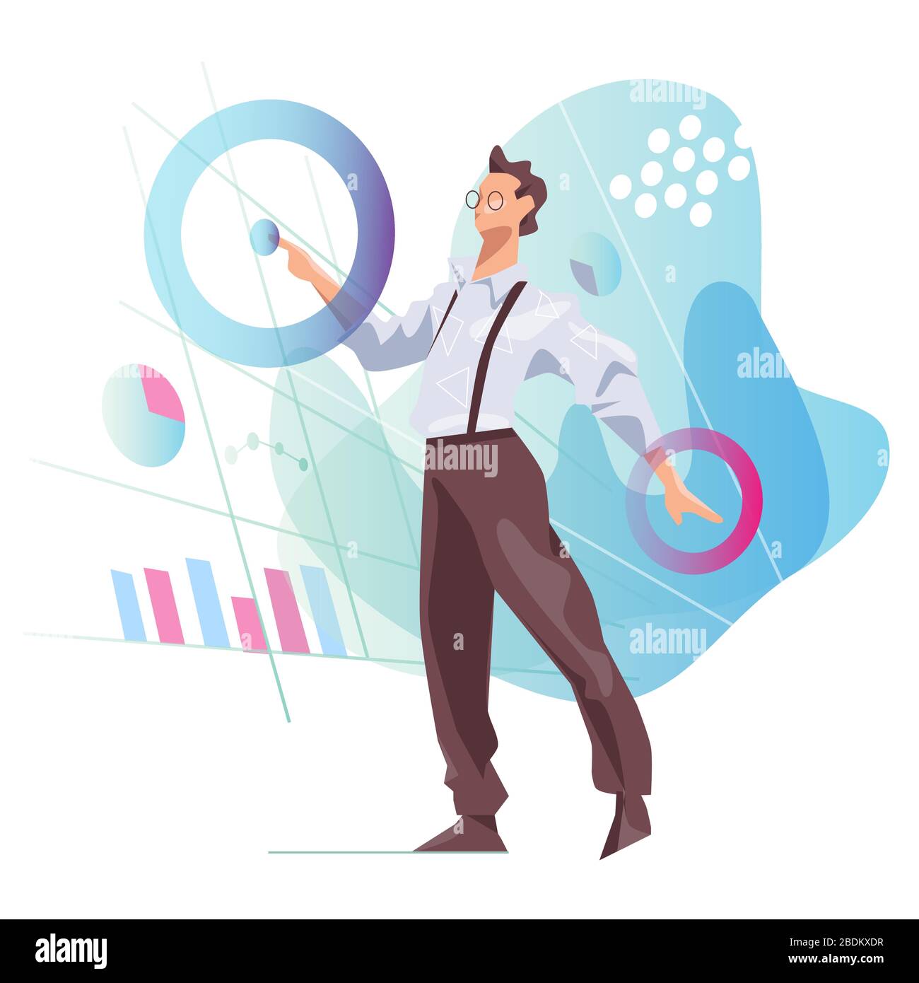 Data Scientist, der mit einem virtuellen Dashboard sucht und interagiert, um Daten in Diagrammen und Statikstoffen zu analysieren Stock Vektor