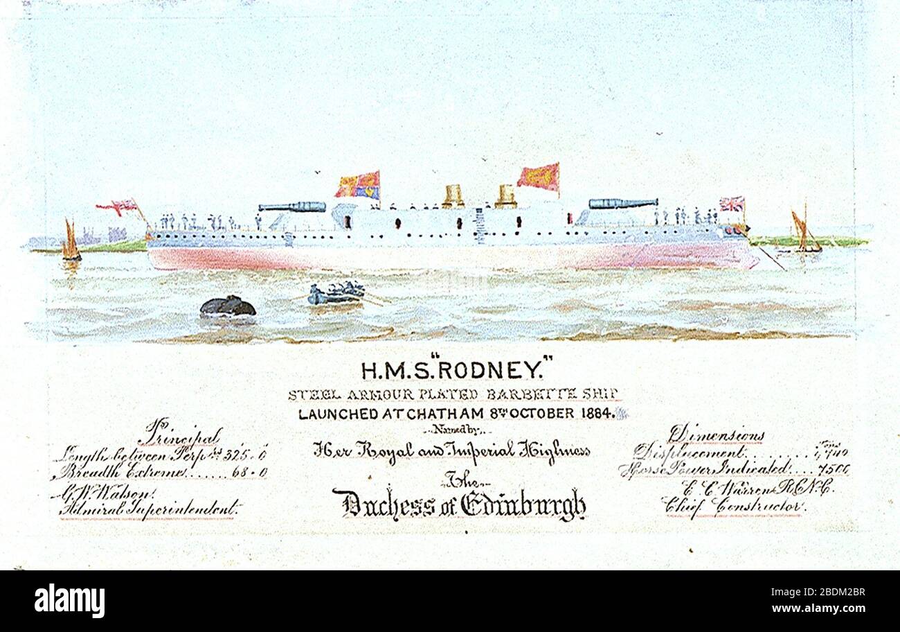 H.M.S. Rodney Stahl Panzerung beschichtetes Barbette-Schiff, das am 8. Oktober, dem 8. Oktober, in Chatham gestartet wurde. Benannt nach ihrer Königlichen und kaiserlichen Hoheit, der Herzogin von Edinburgh. Hauptabmessungen. Länge zwischen perprs 325'0' Breite Extreme Stockfoto