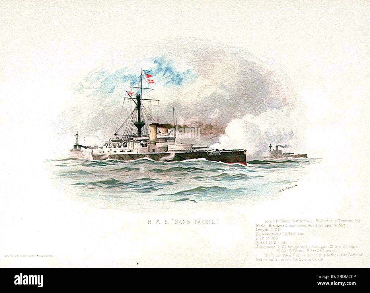 H.M.S. SANs Pareil Steel Battleship der 1. Klasse. Erbaut an den Thames Iron Works, Blackwall, und für das Meer im Jahr 1889 fertiggestellt. Länge 40 ft. Verdrängung 10, 470 t. I.H.P. 14.000. Geschwindigkeit 17,2 Knoten. Bewaffnung 2 111 Tonnen Waffen, Stockfoto