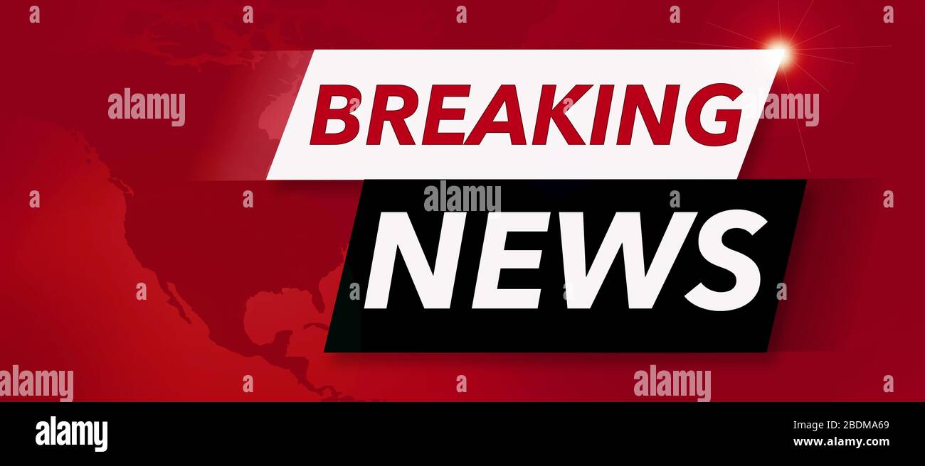 Hier ist ein Nachrichten-Nachrichtenlogo in Rot, Weiß und Schwarz über der Karte der USA mit einem Sternenaufbruch und Bewegungsunschärfe Stockfoto