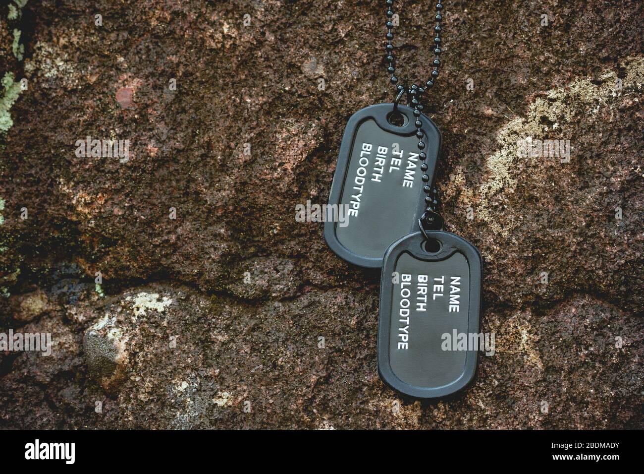 Militärtag auf dem Felsen auf dem Felsenhintergrund in Wald erhängt. Begriff des Soldatopfers und Waffenstillstands. Nahaufnahme- und Kopierbereich. Stockfoto