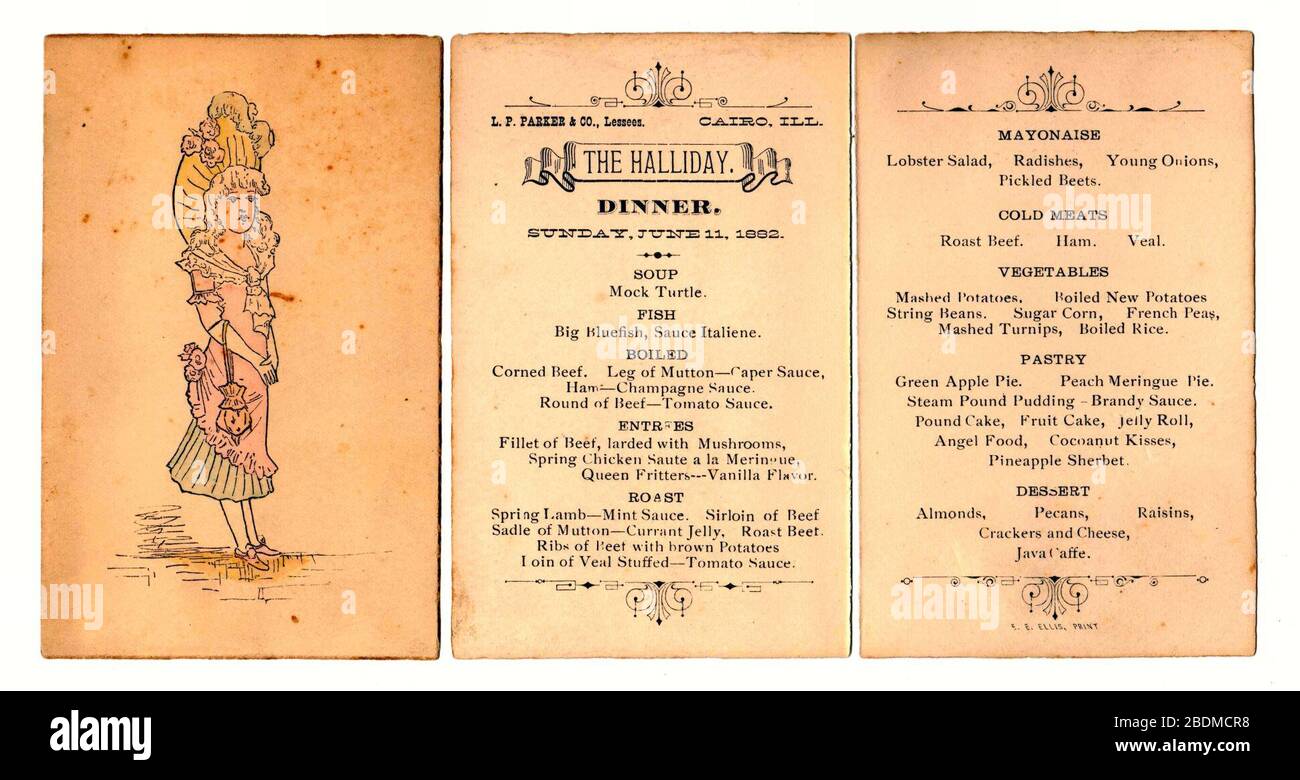 Halliday Hotel Dinner Menu 1882 Cairo, Illinois. Stockfoto