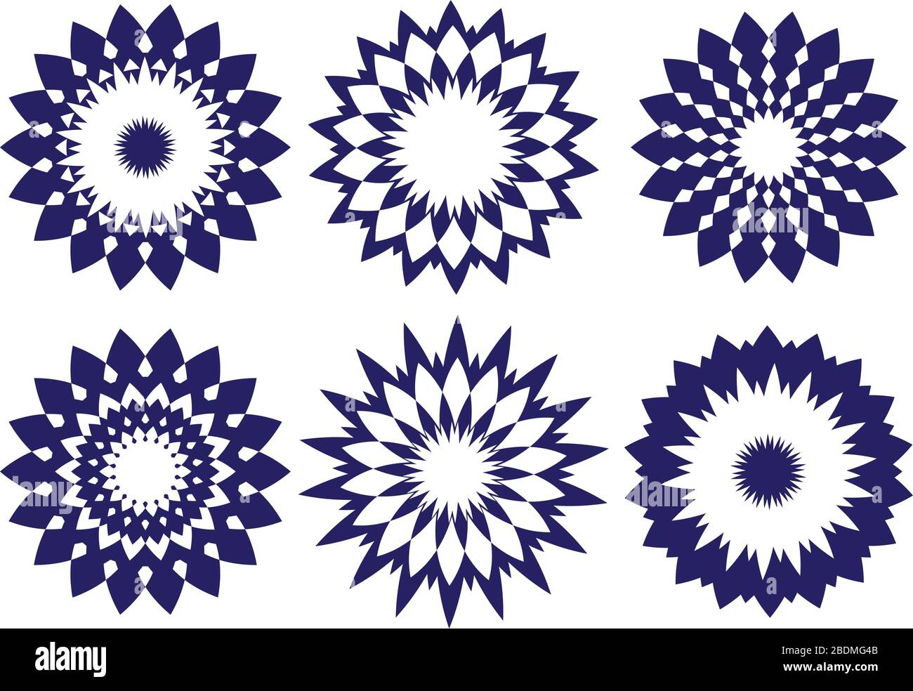 Rundes, abstraktes, kaleidoskopinspiriertes Designelement. Vektormuster in Mitternachtsblau isoliert auf weißem Hintergrund Stock Vektor