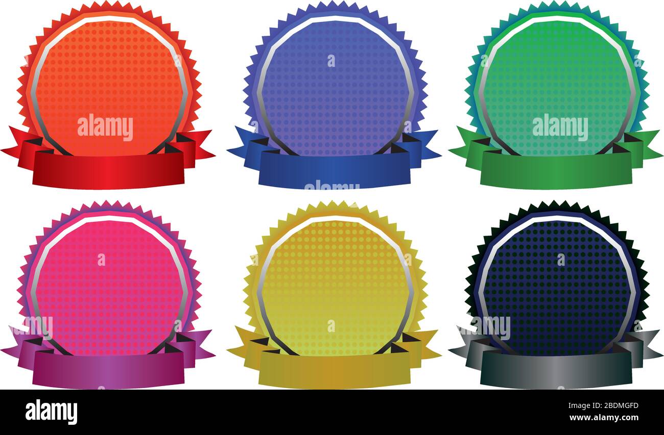 Vektordarstellung von Dichtungen mit Bändern Banner in sechs verschiedenen Farben Stock Vektor