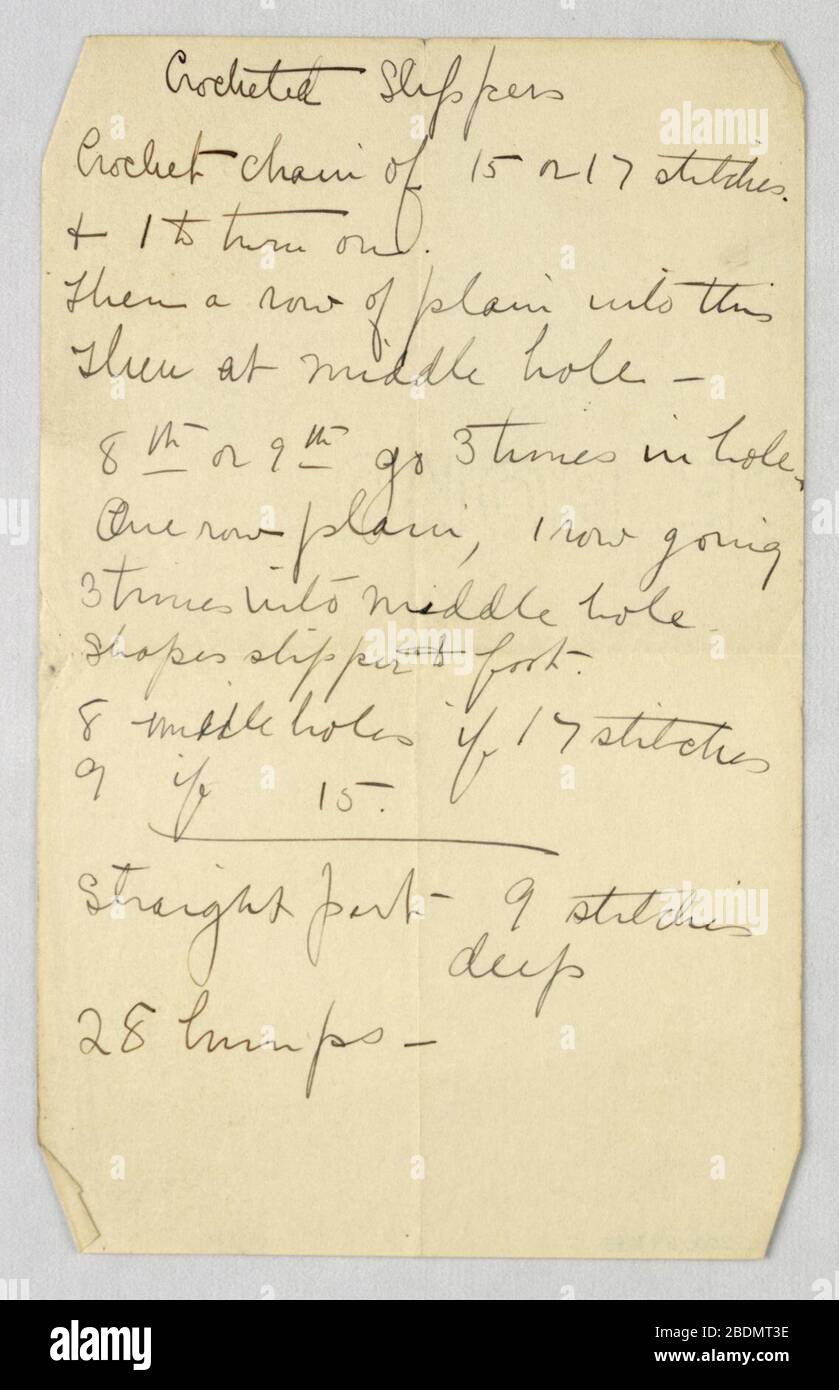 Handschriftliche Notiz, Manuscript Page mit Anweisungen zum Häckeln von Pantoffeln, 1900-05 Stockfoto