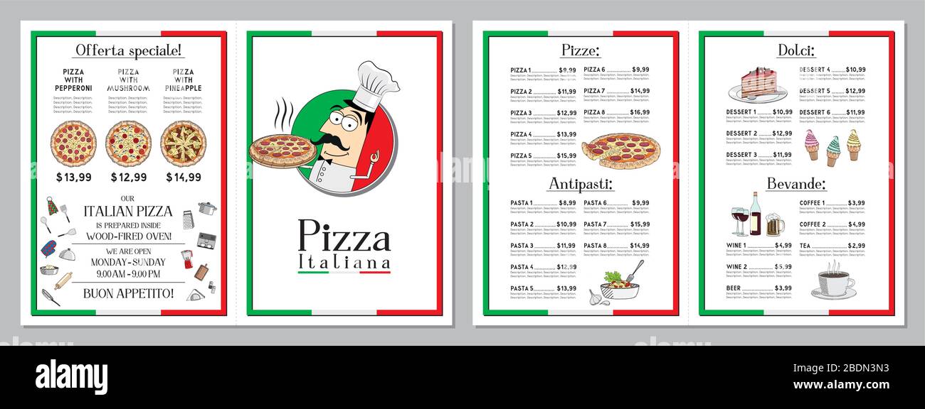 Menüvorlage für italienisches Pizza-Restaurant - Pizza, Pasten, Desserts, Getränke - 2 x A4 (210 x 297 mm) Stock Vektor