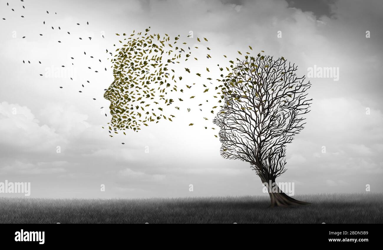 Alzheimers und Demenz Konzept der Gedächtnisverlusterkrankung und Verlust von Hirnfunktionsgedächtnissen als alzheimer-gesundheitssymbol für Neurologie und Mental. Stockfoto