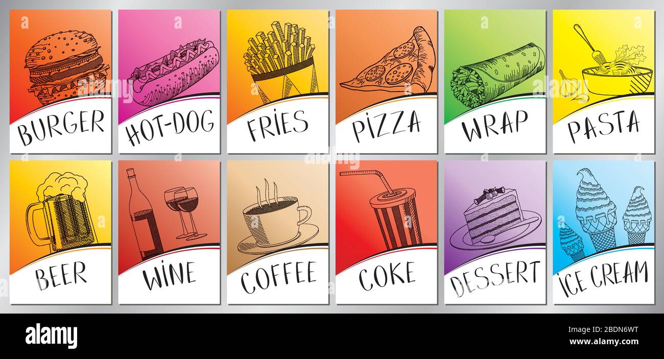 Bunte Poster für Restaurantmenüs - FORMAT A4 (210 x 297 mm) Stock Vektor