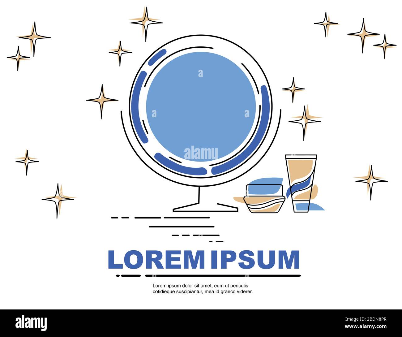 Kosmetik Verpackung Beauty Produkte Outline Linear Icon Werbeflyer mit kosmetischer Glas-Flachvektor-Illustration isoliert auf weißem Hintergrund Stock Vektor