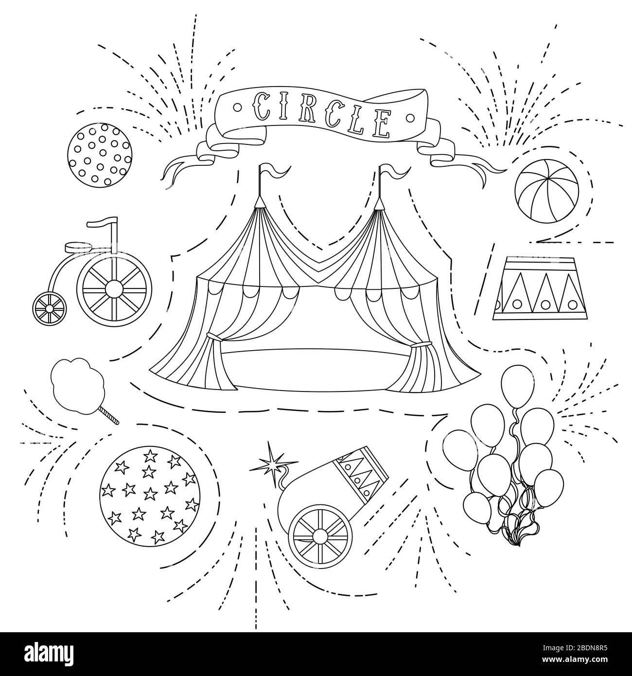 Outline Circus Icons Collection Linear Style Flat Vector Illustration auf weißem Hintergrund Stock Vektor